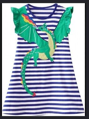 Girls Ruffle Sleeve Striped Dragon Dress